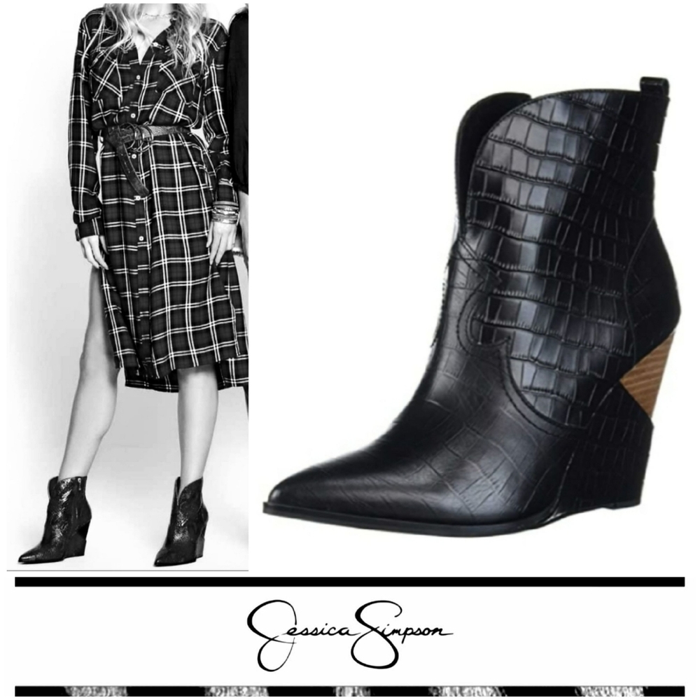 Jessica Simpson Black Croc-Embossed Wedge Ankle Boots